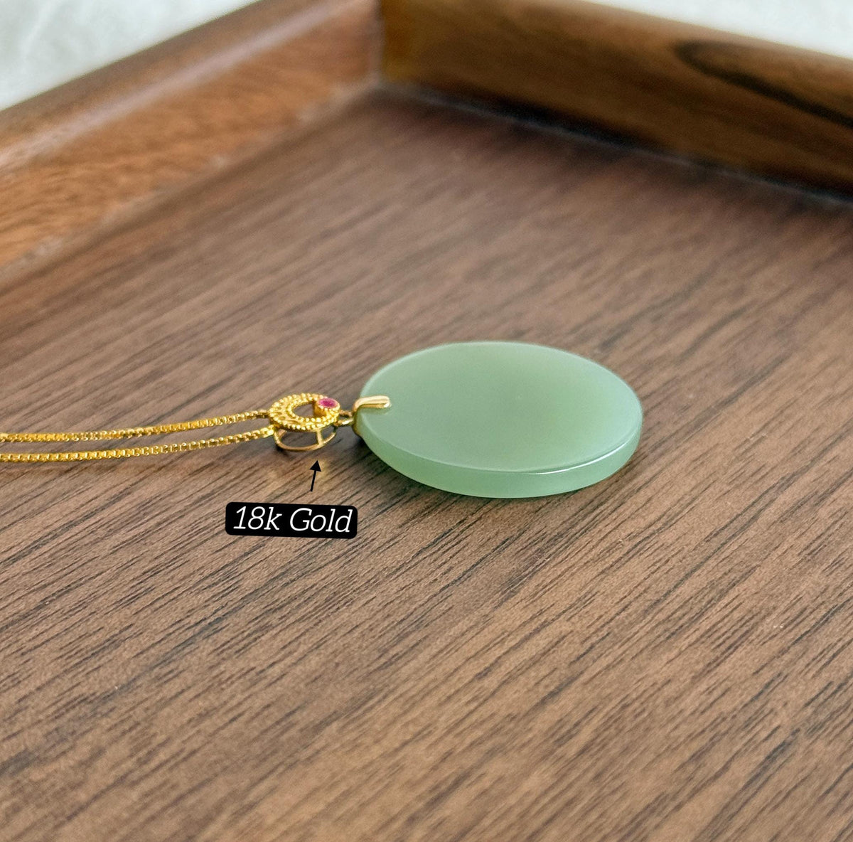 Mint Green Nephrite Jade Round Pendant Necklace | 18K Gold Bail | Natural Certified Jade | S925 Sterling Silver Chain | Fine Jewelry Gift