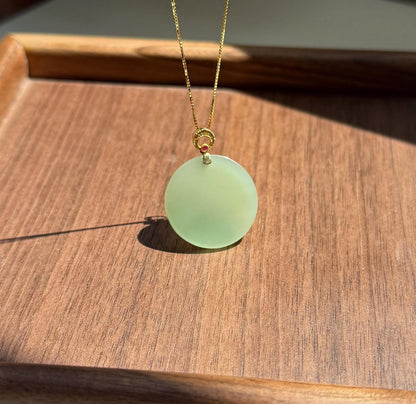 Mint Green Nephrite Jade Round Pendant Necklace | 18K Gold Bail | Natural Certified Jade | S925 Sterling Silver Chain | Fine Jewelry Gift