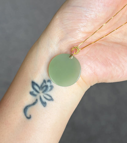 Mint Green Nephrite Jade Round Pendant Necklace | 18K Gold Bail | Natural Certified Jade | S925 Sterling Silver Chain | Fine Jewelry Gift