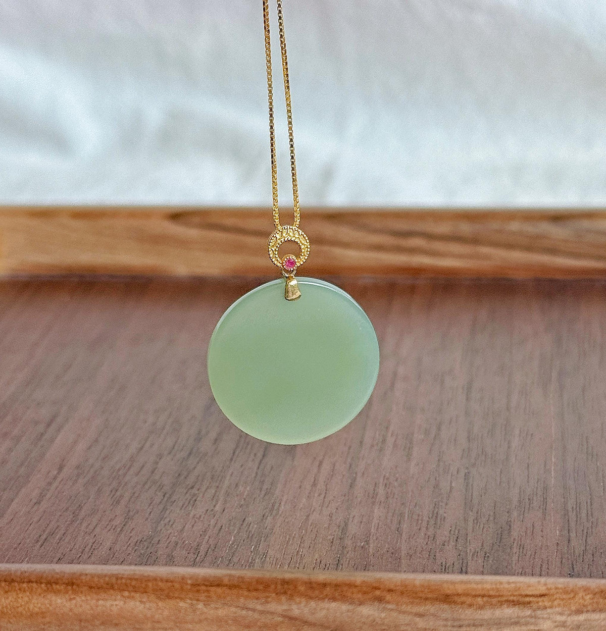Mint Green Nephrite Jade Round Pendant Necklace | 18K Gold Bail | Natural Certified Jade | S925 Sterling Silver Chain | Fine Jewelry Gift