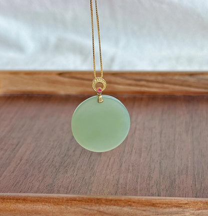 Mint Green Nephrite Jade Round Pendant Necklace | 18K Gold Bail | Natural Certified Jade | S925 Sterling Silver Chain | Fine Jewelry Gift