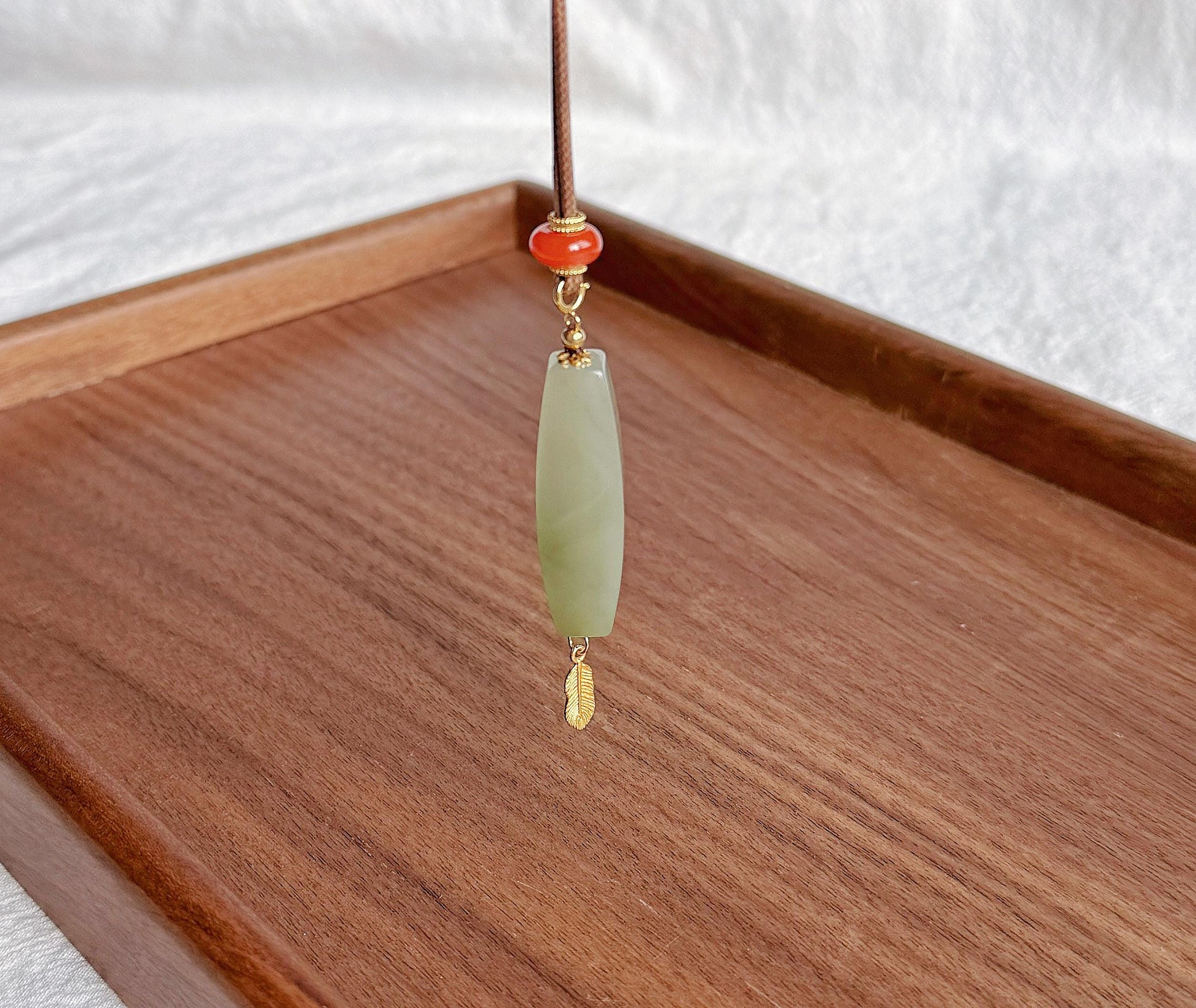 Certified Nephrite Jade Pendant Necklace | Celadon Green | Red Agate and Feather Charm | A One-of-a-Kind Jewelry Gift