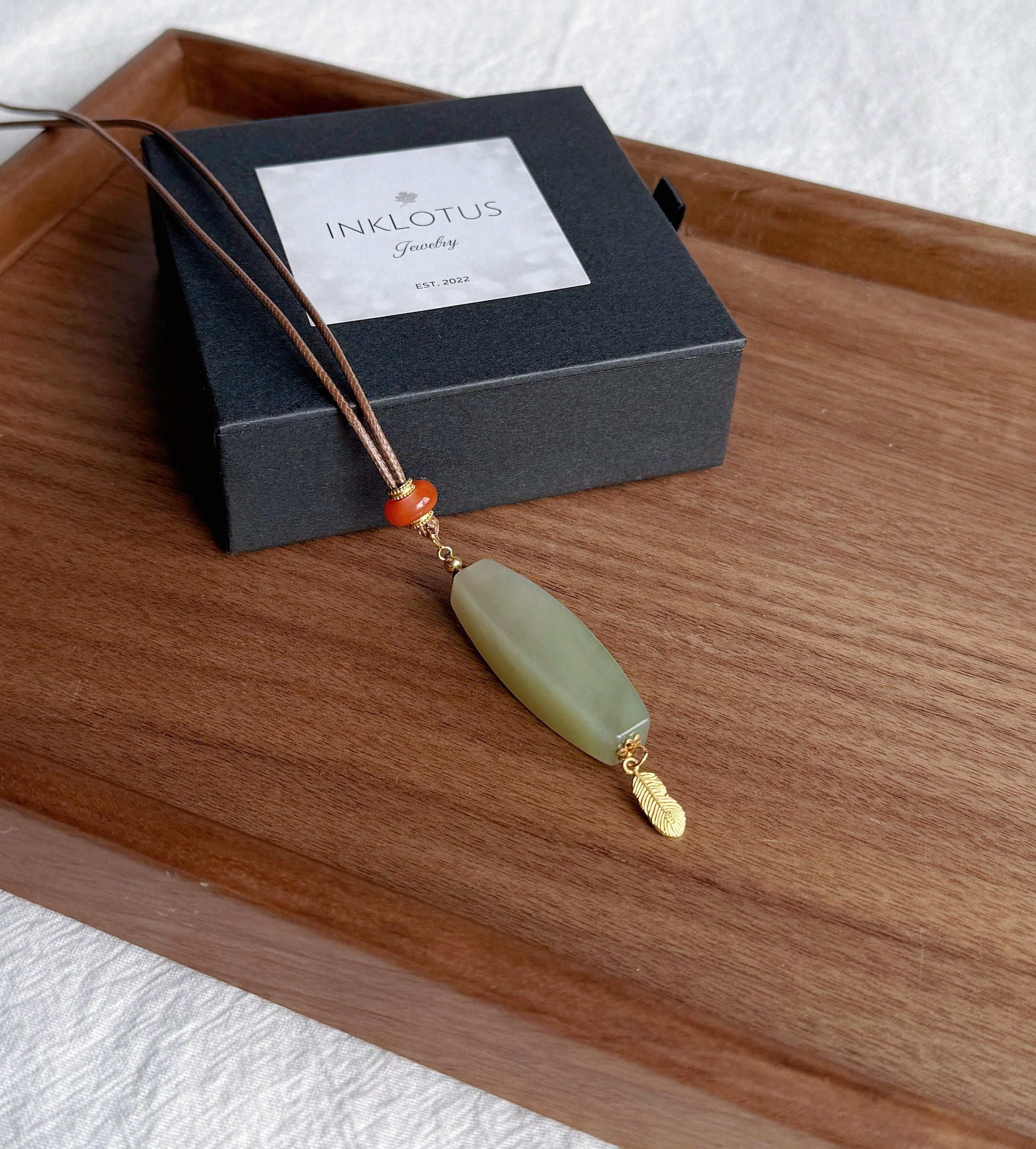 Certified Nephrite Jade Pendant Necklace | Celadon Green | Red Agate and Feather Charm | A One-of-a-Kind Jewelry Gift