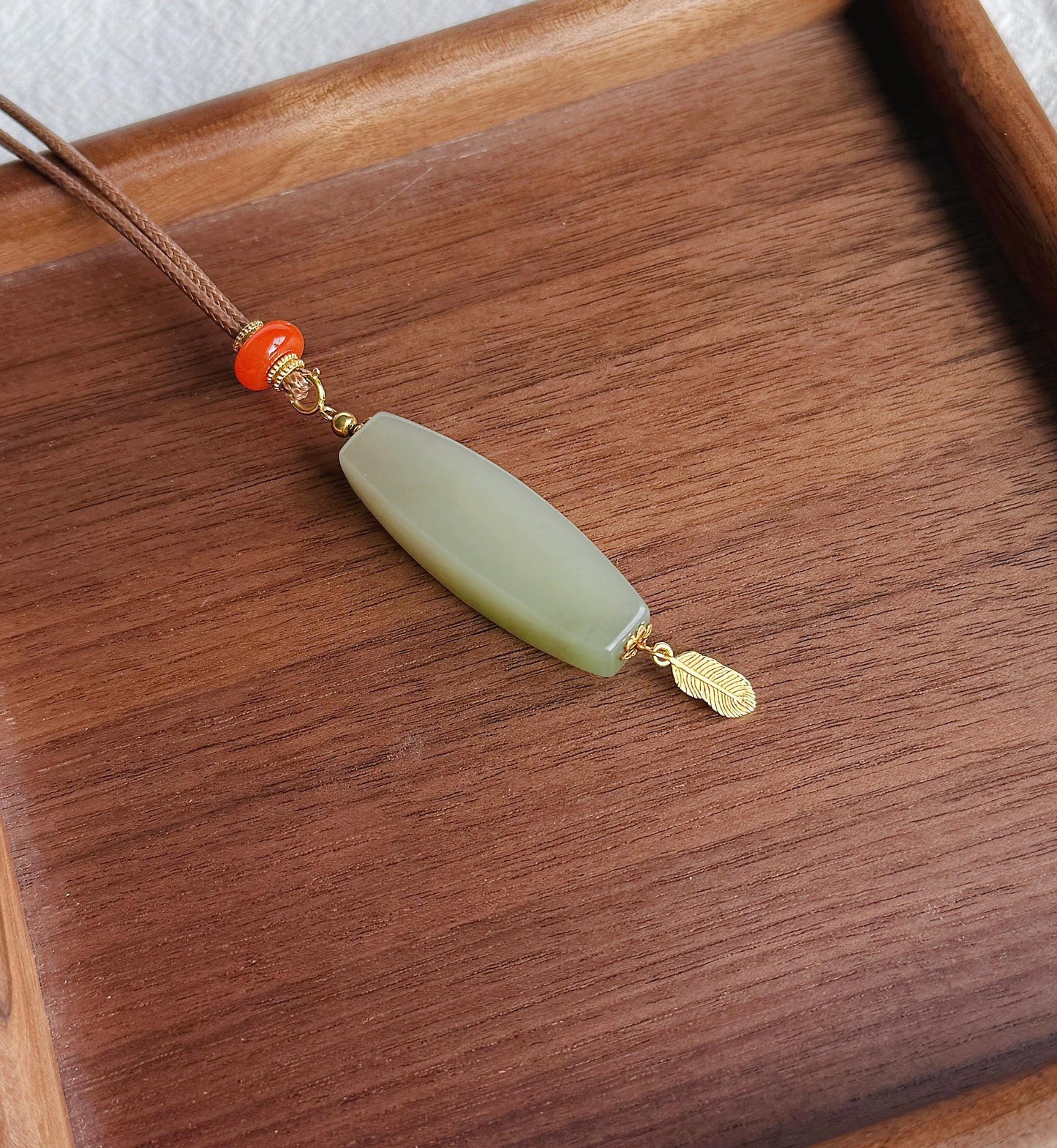 Certified Nephrite Jade Pendant Necklace | Celadon Green | Red Agate and Feather Charm | A One-of-a-Kind Jewelry Gift