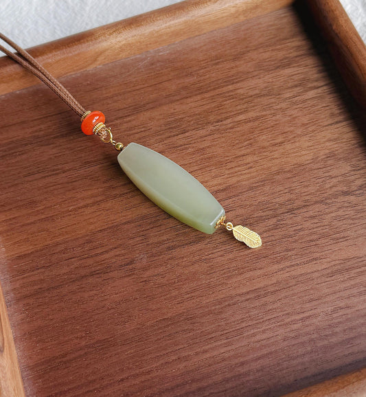 Certified Nephrite Jade Pendant Necklace | Celadon Green | Red Agate and Feather Charm | A One-of-a-Kind Jewelry Gift