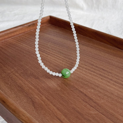 4mm Natural White Nephrite Jade Beaded Necklace | Green Jade Center Bead | Dainty Choker | Minimalist Layering Necklace