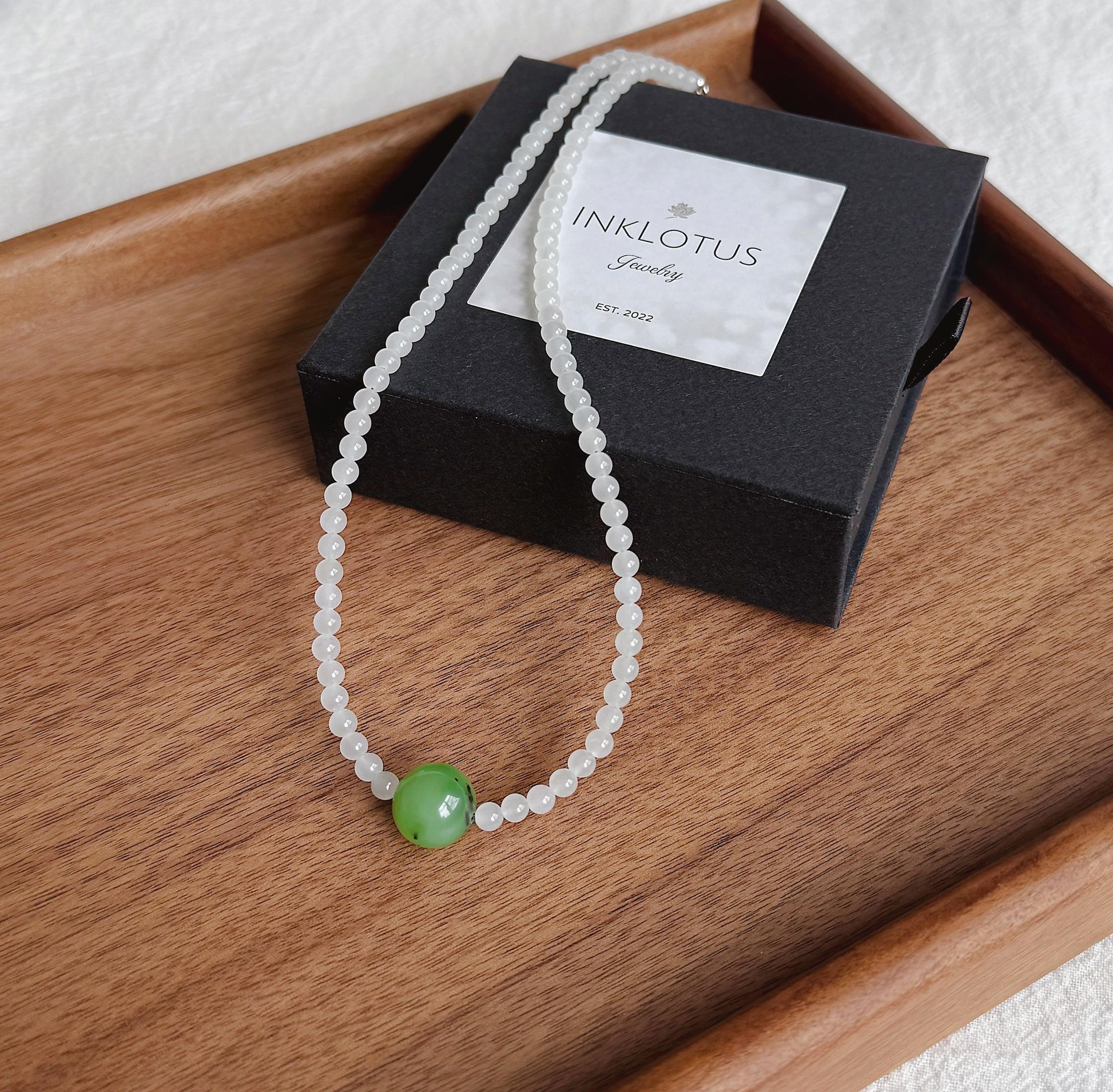 4mm Natural White Nephrite Jade Beaded Necklace | Green Jade Center Bead | Dainty Choker | Minimalist Layering Necklace