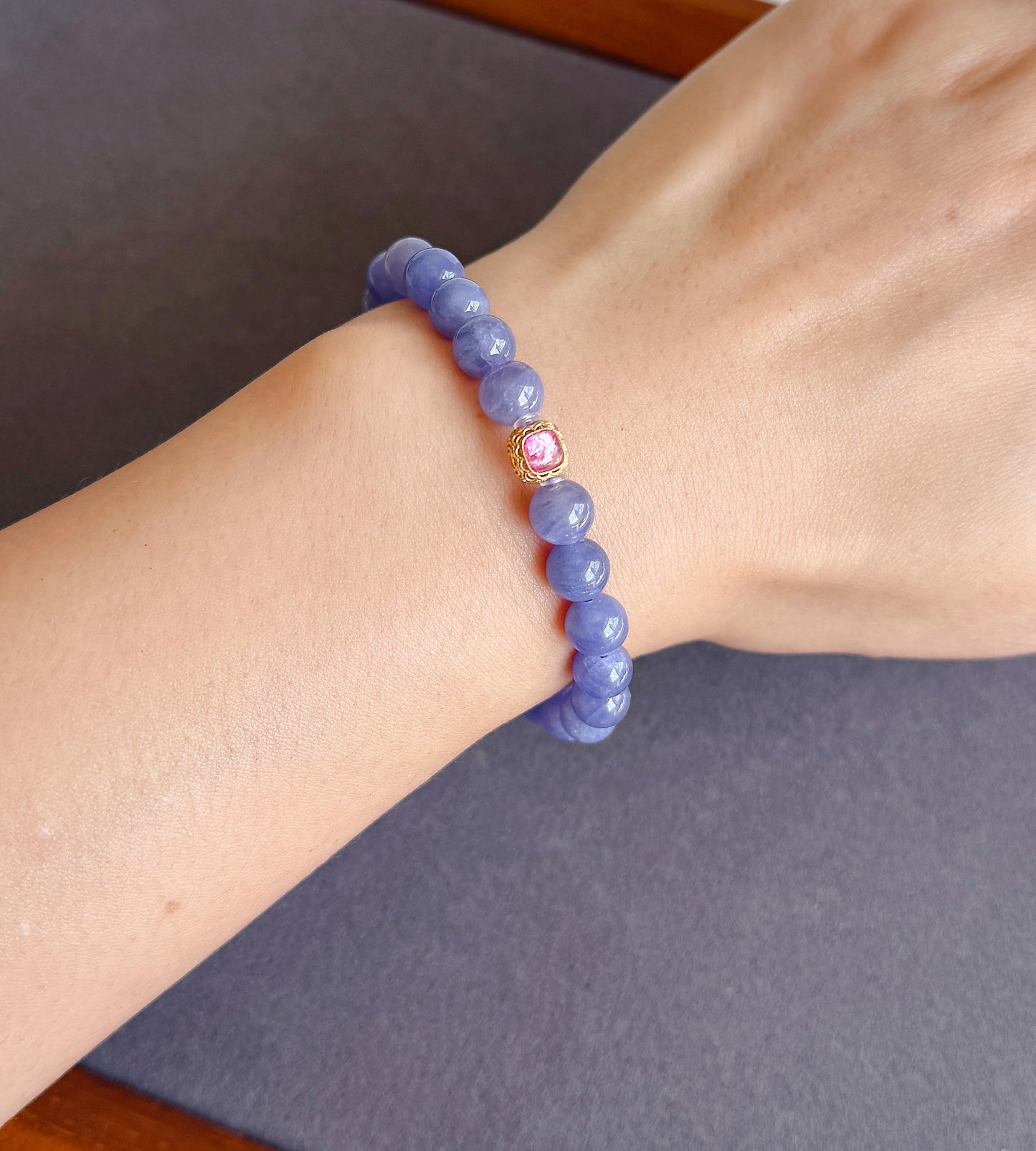 7mm Natural Tanzanite Bracelet | Violet Blue Gemstone Beads | Pink Tourmaline Accent | December Birthstone