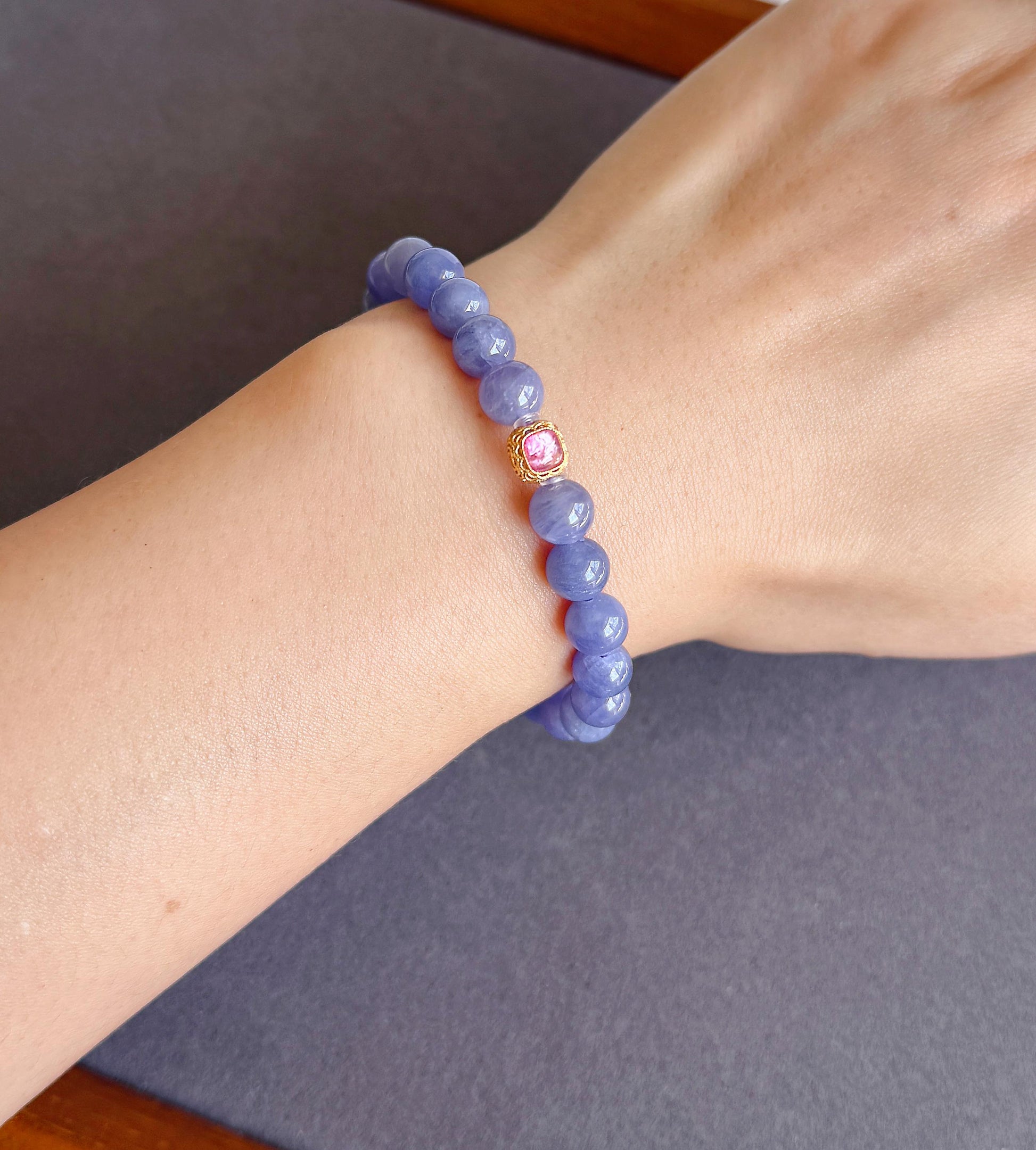 7mm Natural Tanzanite Bracelet | Violet Blue Gemstone Beads | Pink Tourmaline Accent | December Birthstone