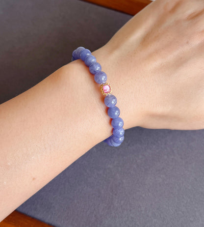 7mm Natural Tanzanite Bracelet | Violet Blue Gemstone Beads | Pink Tourmaline Accent | December Birthstone