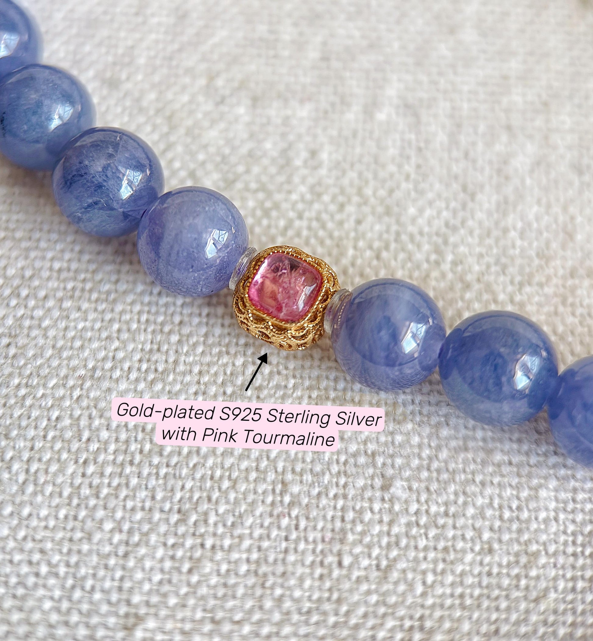 7mm Natural Tanzanite Bracelet | Violet Blue Gemstone Beads | Pink Tourmaline Accent | December Birthstone