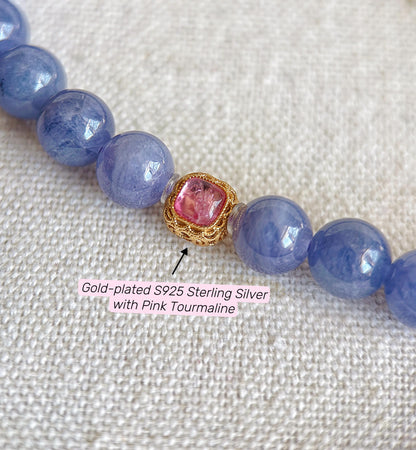 7mm Natural Tanzanite Bracelet | Violet Blue Gemstone Beads | Pink Tourmaline Accent | December Birthstone
