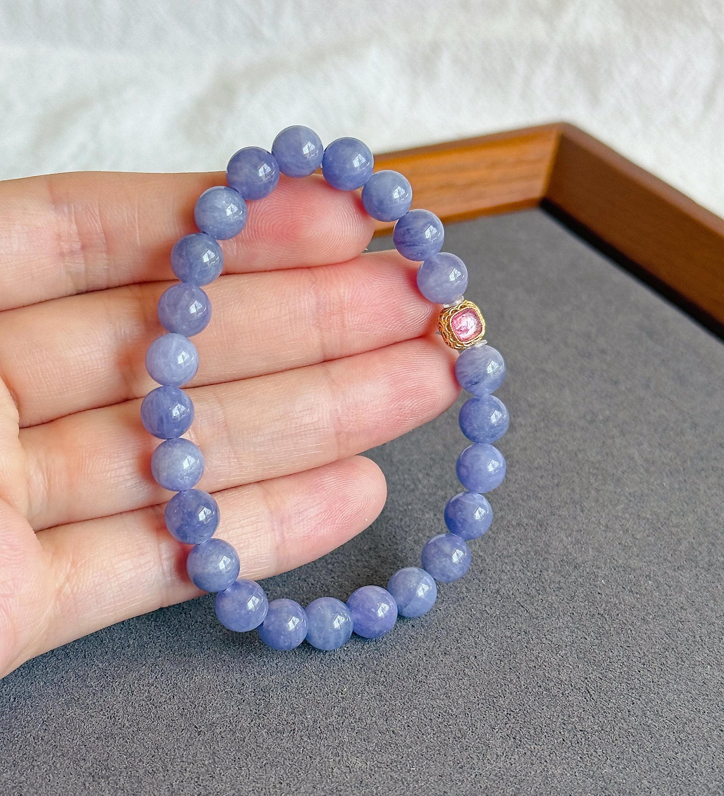 7mm Natural Tanzanite Bracelet | Violet Blue Gemstone Beads | Pink Tourmaline Accent | December Birthstone