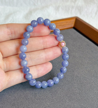 7mm Natural Tanzanite Bracelet | Violet Blue Gemstone Beads | Pink Tourmaline Accent | December Birthstone