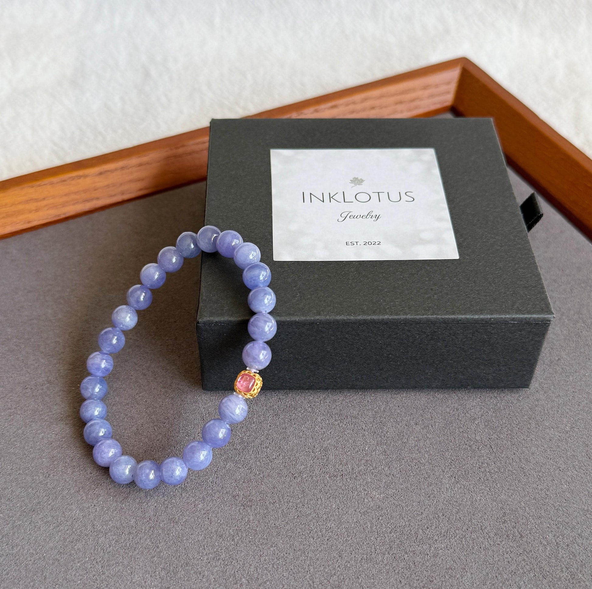 7mm Natural Tanzanite Bracelet | Violet Blue Gemstone Beads | Pink Tourmaline Accent | December Birthstone