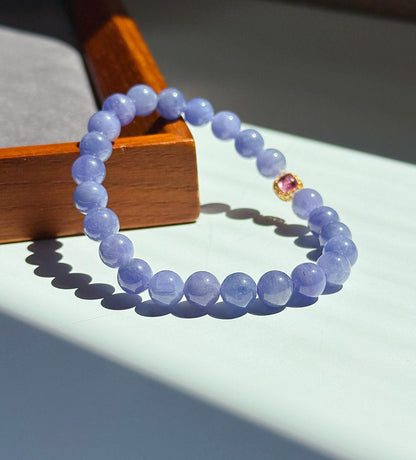 7mm Natural Tanzanite Bracelet | Violet Blue Gemstone Beads | Pink Tourmaline Accent | December Birthstone