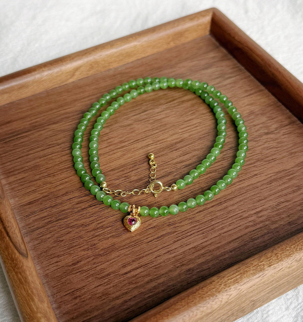 4mm Green Nephrite Jade Choker Necklace | 18K Gold Rhodolite Garnet Heart Charm | Adjustable Length | Fine Jewelry Gift for Love
