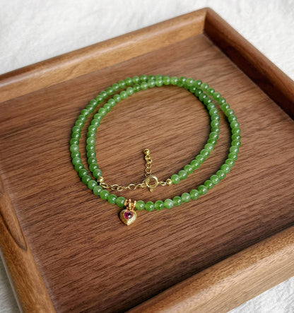 4mm Green Nephrite Jade Choker Necklace | 18K Gold Rhodolite Garnet Heart Charm | Adjustable Length | Fine Jewelry Gift for Love