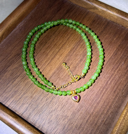 4mm Green Nephrite Jade Choker Necklace | 18K Gold Rhodolite Garnet Heart Charm | Adjustable Length | Fine Jewelry Gift for Love