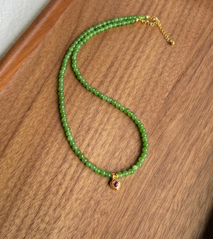 4mm Green Nephrite Jade Choker Necklace | 18K Gold Rhodolite Garnet Heart Charm | Adjustable Length | Fine Jewelry Gift for Love