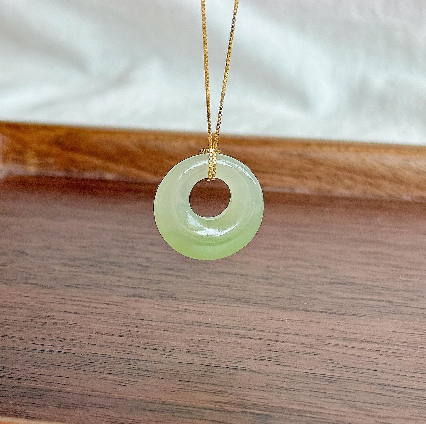Icy Nephrite Jade Ping An Kou Necklace | Green Jade Donut Pendant | Adjustable Gold-Plated S925 Silver Chain | Dainty Jewelry Gift for Her
