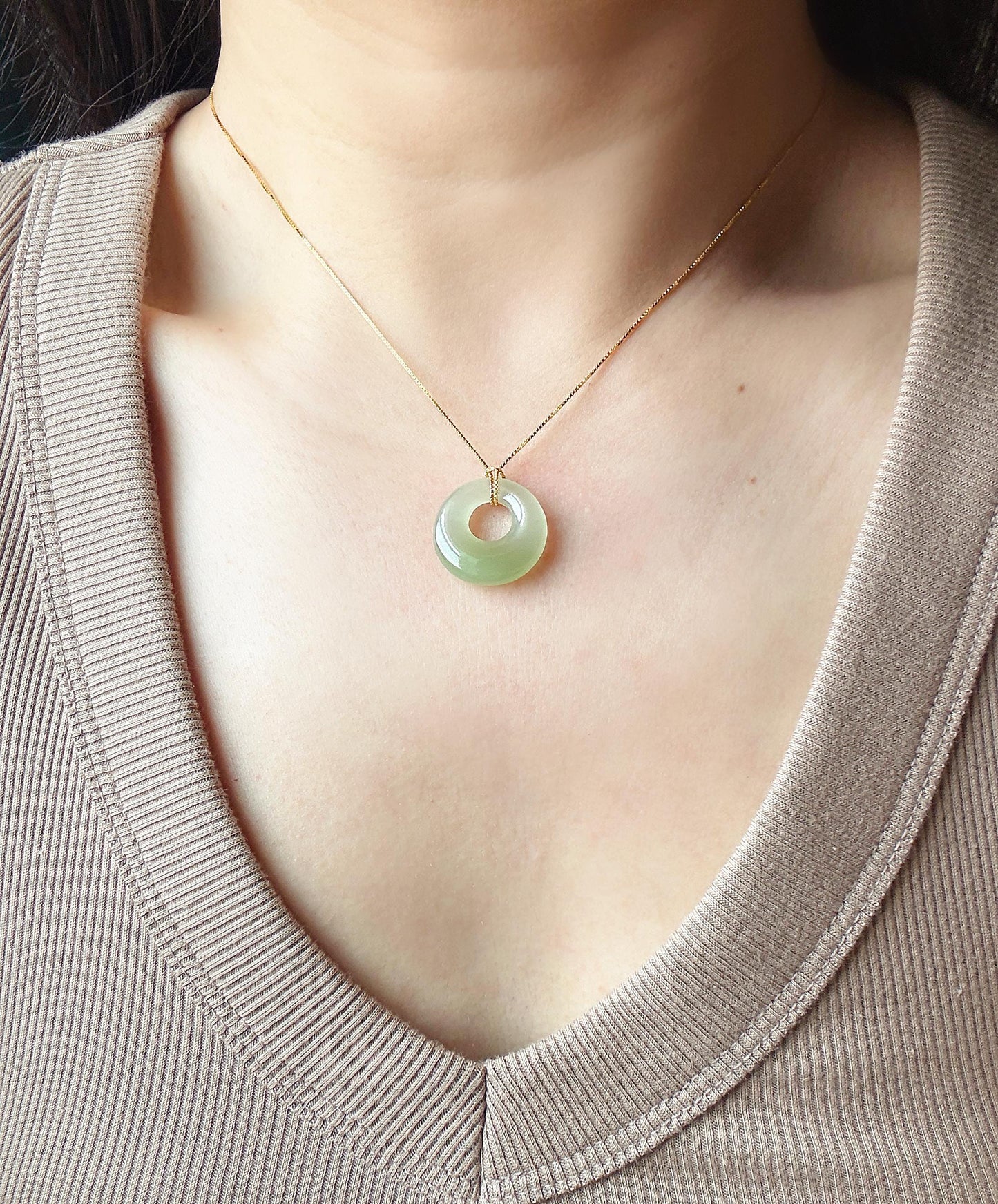 Icy Nephrite Jade Ping An Kou Necklace | Green Jade Donut Pendant | Adjustable Gold-Plated S925 Silver Chain | Dainty Jewelry Gift for Her
