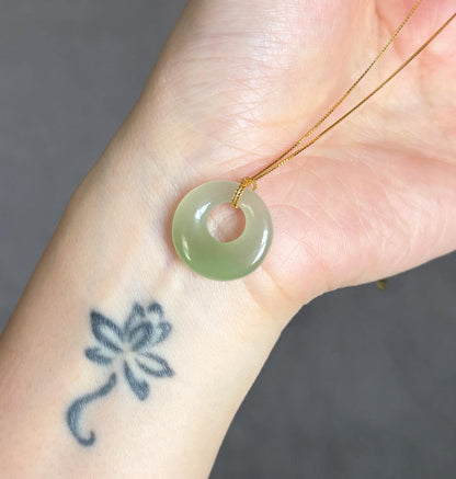 Icy Nephrite Jade Ping An Kou Necklace | Green Jade Donut Pendant | Adjustable Gold-Plated S925 Silver Chain | Dainty Jewelry Gift for Her