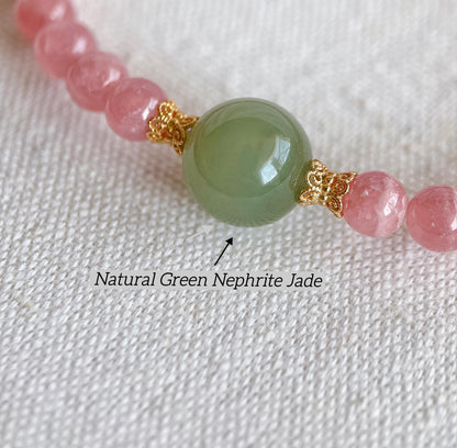 6mm Rhodochrosite Bracelet | Green Nephrite Jade Bead | Dainty Pink Gemstone Bracelet | Gift for Love | Heart Chakra
