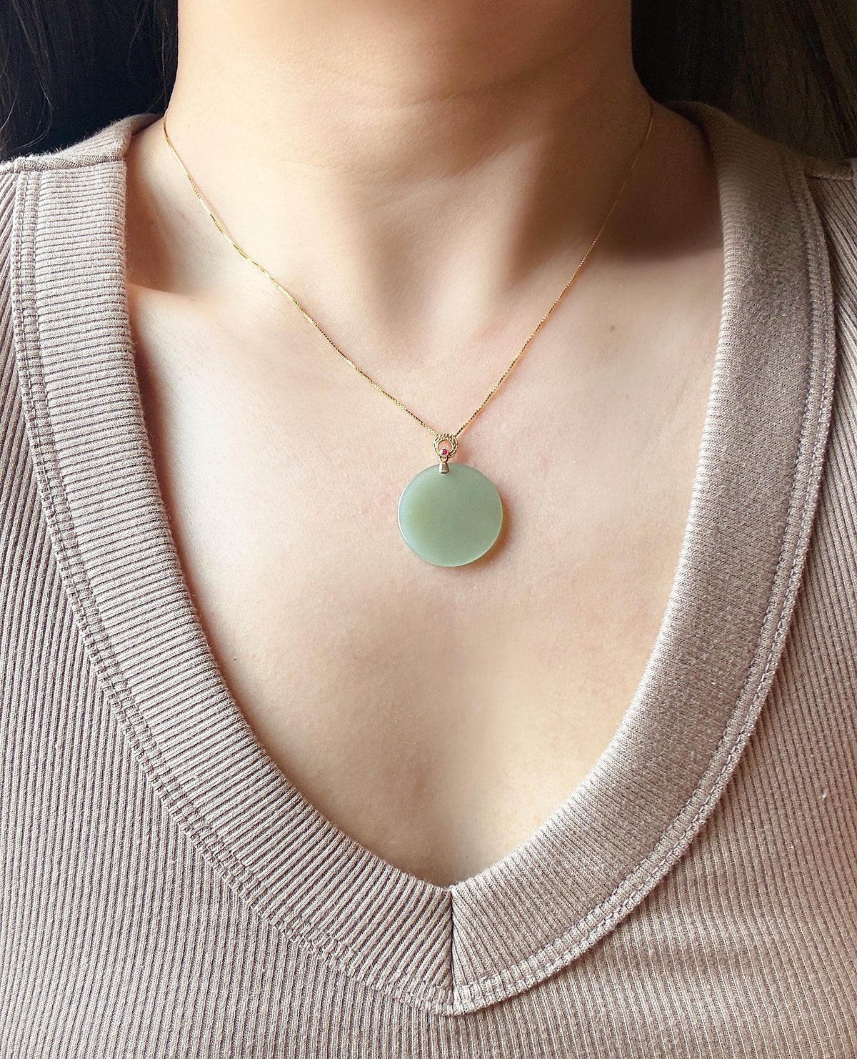 Mint Green Nephrite Jade Round Pendant Necklace | 18K Gold Bail | Natural Certified Jade | S925 Sterling Silver Chain | Fine Jewelry Gift