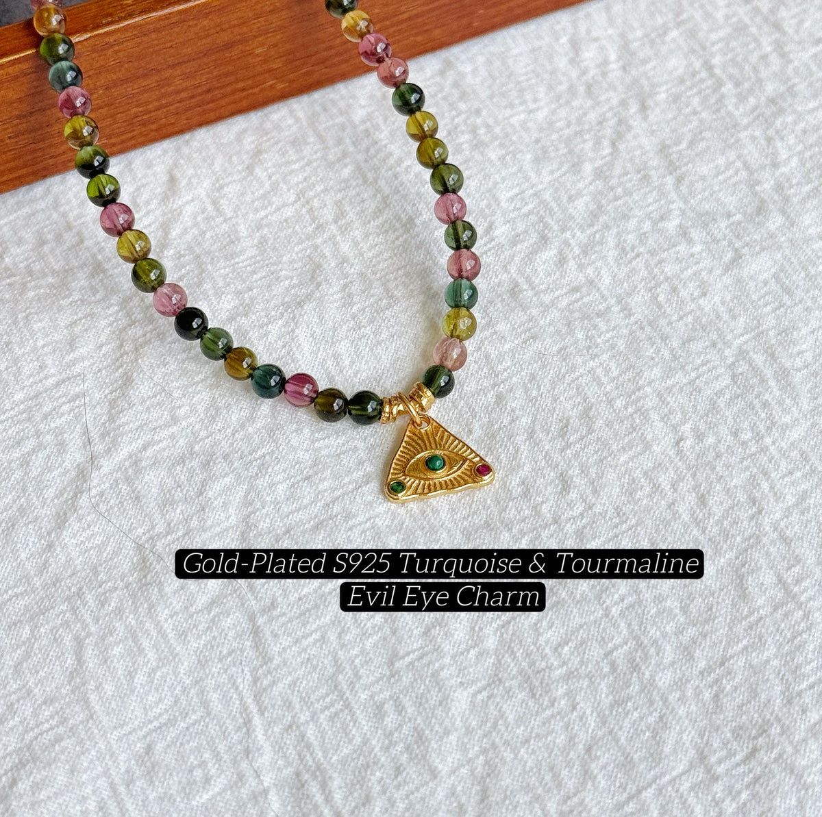Multicolor Tourmaline Necklace | 3.5mm Natural Rainbow Tourmaline Beads | Gold Evil Eye Charm | Dainty Gemstone Choker | October Birthstone