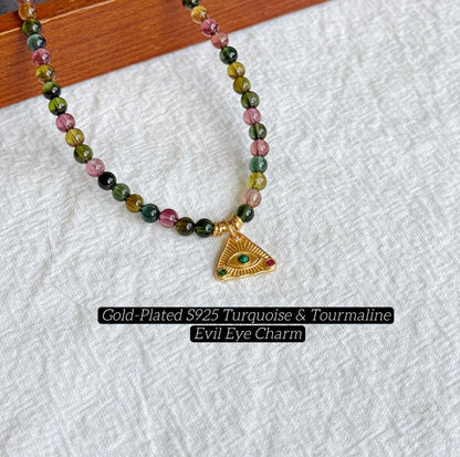Multicolor Tourmaline Necklace | 3.5mm Natural Rainbow Tourmaline Beads | Gold Evil Eye Charm | Dainty Gemstone Choker | October Birthstone