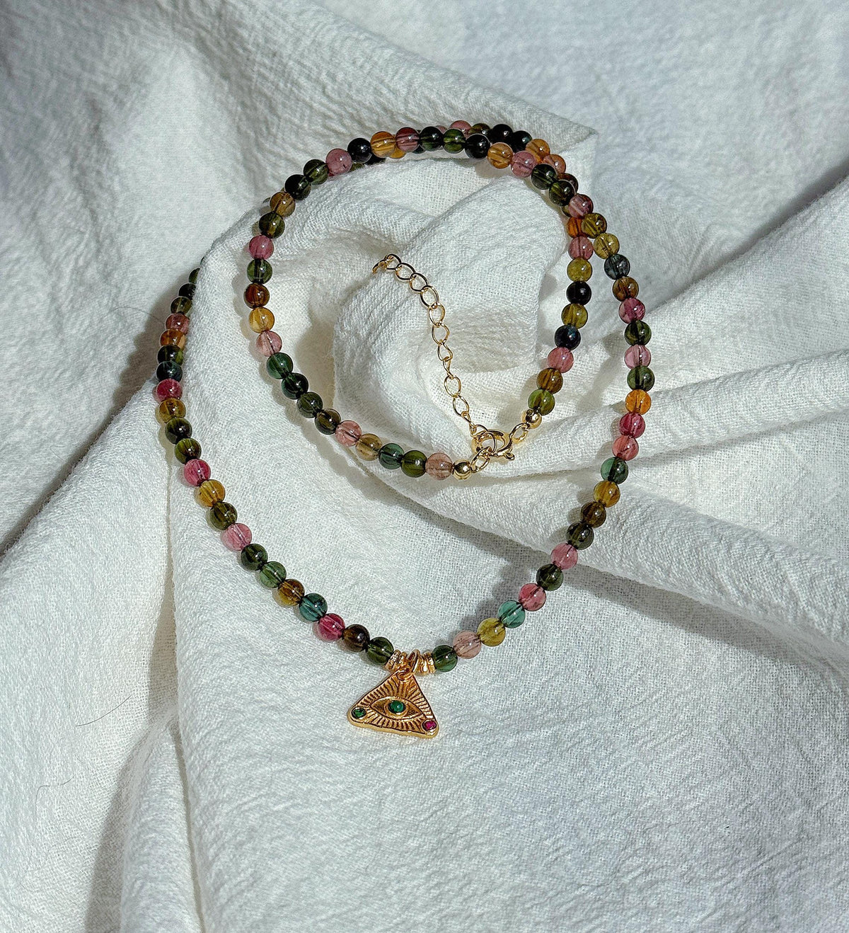 Multicolor Tourmaline Necklace | 3.5mm Natural Rainbow Tourmaline Beads | Gold Evil Eye Charm | Dainty Gemstone Choker | October Birthstone