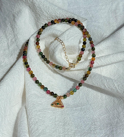 Multicolor Tourmaline Necklace | 3.5mm Natural Rainbow Tourmaline Beads | Gold Evil Eye Charm | Dainty Gemstone Choker | October Birthstone