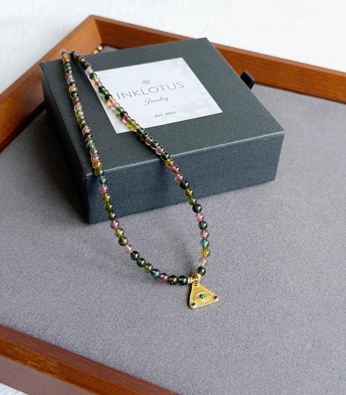 Multicolor Tourmaline Necklace | 3.5mm Natural Rainbow Tourmaline Beads | Gold Evil Eye Charm | Dainty Gemstone Choker | October Birthstone