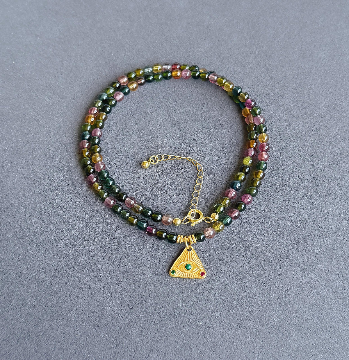 Multicolor Tourmaline Necklace | 3.5mm Natural Rainbow Tourmaline Beads | Gold Evil Eye Charm | Dainty Gemstone Choker | October Birthstone