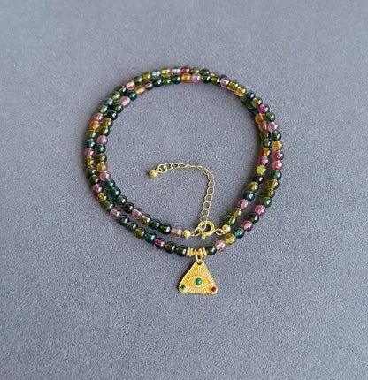 Multicolor Tourmaline Necklace | 3.5mm Natural Rainbow Tourmaline Beads | Gold Evil Eye Charm | Dainty Gemstone Choker | October Birthstone