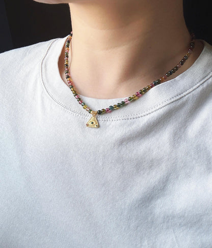 Multicolor Tourmaline Necklace | 3.5mm Natural Rainbow Tourmaline Beads | Gold Evil Eye Charm | Dainty Gemstone Choker | October Birthstone