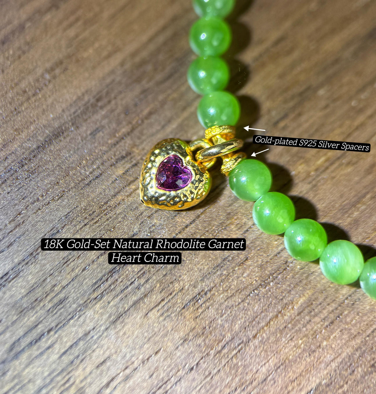 4mm Green Nephrite Jade Choker Necklace | 18K Gold Rhodolite Garnet Heart Charm | Adjustable Length | Fine Jewelry Gift for Love