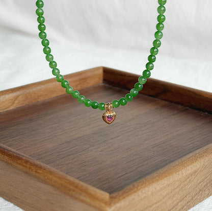 4mm Green Nephrite Jade Choker Necklace | 18K Gold Rhodolite Garnet Heart Charm | Adjustable Length | Fine Jewelry Gift for Love
