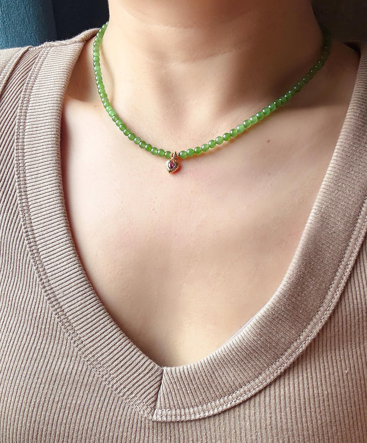 4mm Green Nephrite Jade Choker Necklace | 18K Gold Rhodolite Garnet Heart Charm | Adjustable Length | Fine Jewelry Gift for Love