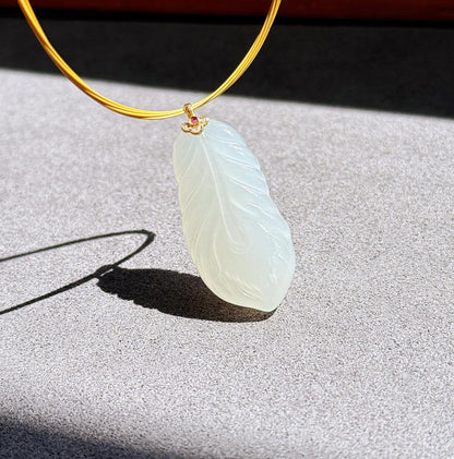 18K White Nephrite Jade Feather Pendant Necklace | Certified Jade Stone