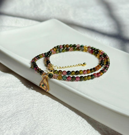 Multicolor Tourmaline Necklace | 3.5mm Natural Rainbow Tourmaline Beads | Gold Evil Eye Charm | Dainty Gemstone Choker | October Birthstone