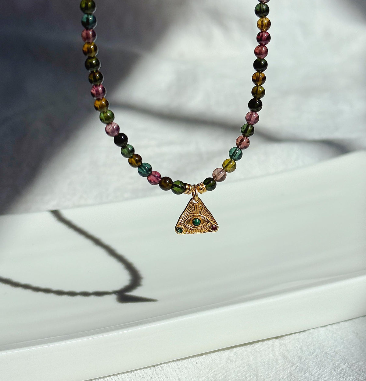 Multicolor Tourmaline Necklace | 3.5mm Natural Rainbow Tourmaline Beads | Gold Evil Eye Charm | Dainty Gemstone Choker | October Birthstone
