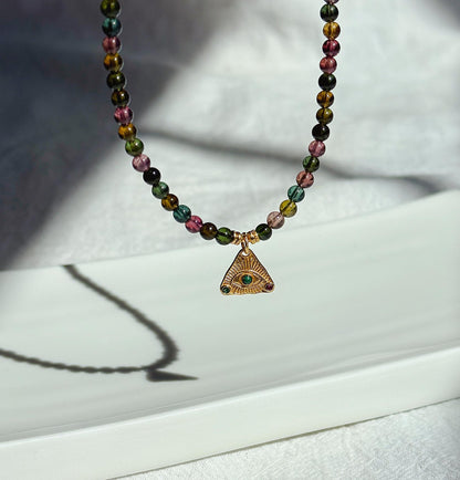 Multicolor Tourmaline Necklace | 3.5mm Natural Rainbow Tourmaline Beads | Gold Evil Eye Charm | Dainty Gemstone Choker | October Birthstone