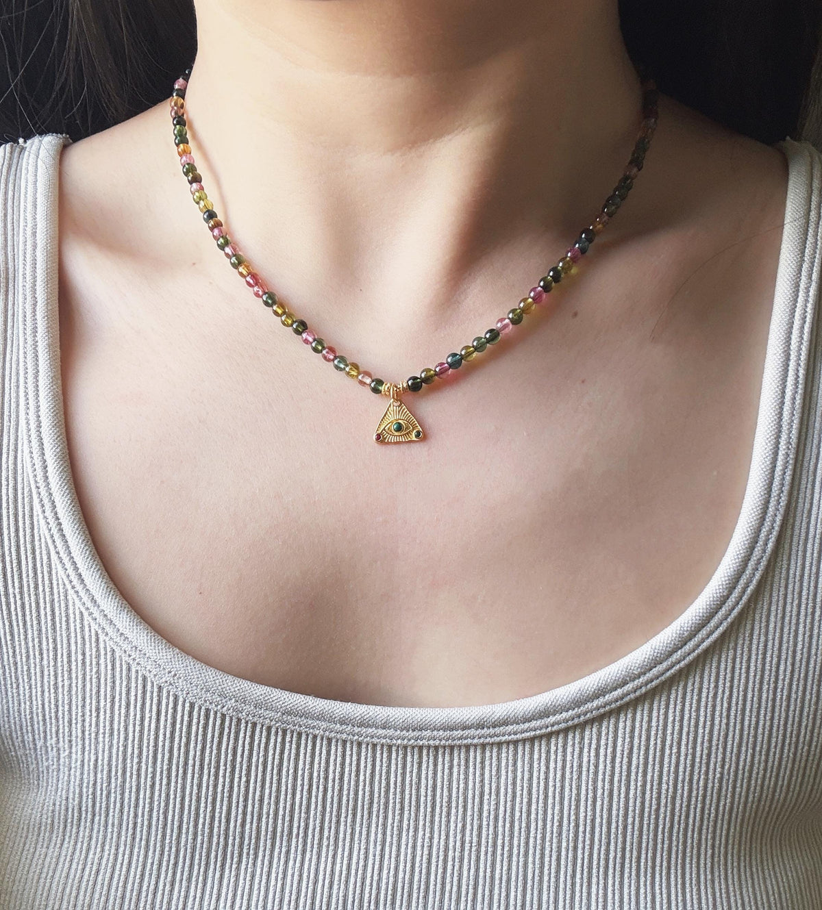 Multicolor Tourmaline Necklace | 3.5mm Natural Rainbow Tourmaline Beads | Gold Evil Eye Charm | Dainty Gemstone Choker | October Birthstone