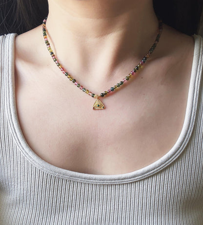 Multicolor Tourmaline Necklace | 3.5mm Natural Rainbow Tourmaline Beads | Gold Evil Eye Charm | Dainty Gemstone Choker | October Birthstone