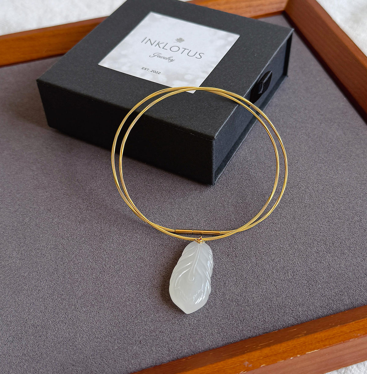 18K White Nephrite Jade Feather Pendant Necklace | Certified Jade Stone
