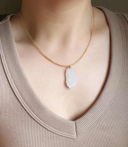 18K White Nephrite Jade Feather Pendant Necklace | Certified Jade Stone