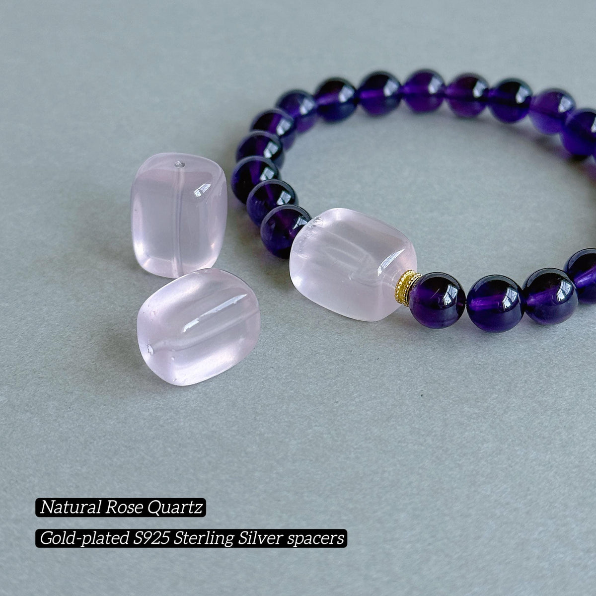 Natural Amethyst & Rose Quartz Bracelet – 7.5 mm Deep Purple Gemstone Beads, Sterling Silver Accents, February Birthstone Jewelry