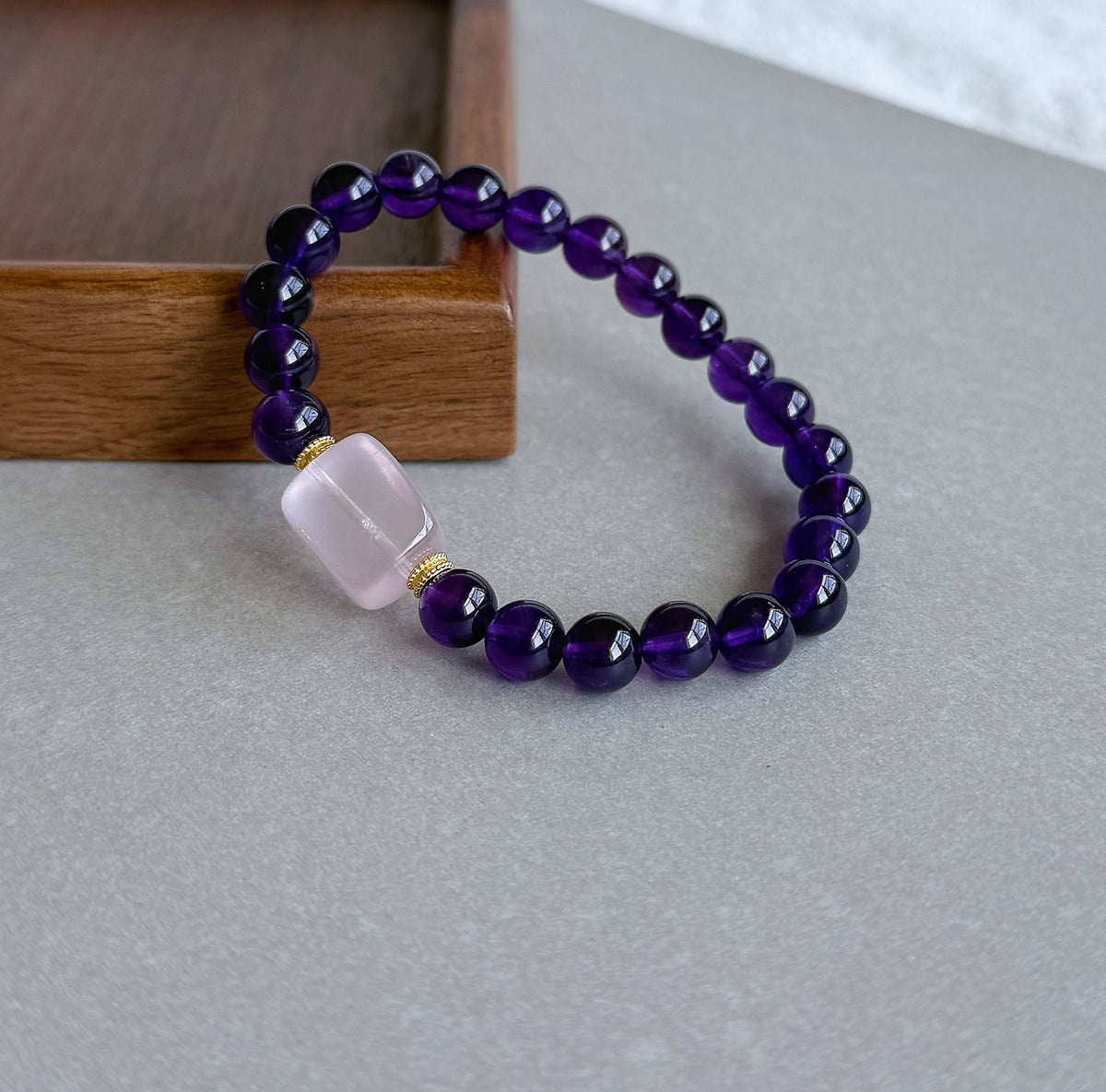 Natural Amethyst & Rose Quartz Bracelet – 7.5 mm Deep Purple Gemstone Beads, Sterling Silver Accents, February Birthstone Jewelry